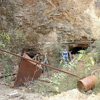 Diamante. Geologist at El Caso-La Olla south old workings, flooded.